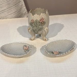 Vintage Japan White Hobnail Trinket Pin Dish 3 Piece Set Pink Flowers Egg Shaped